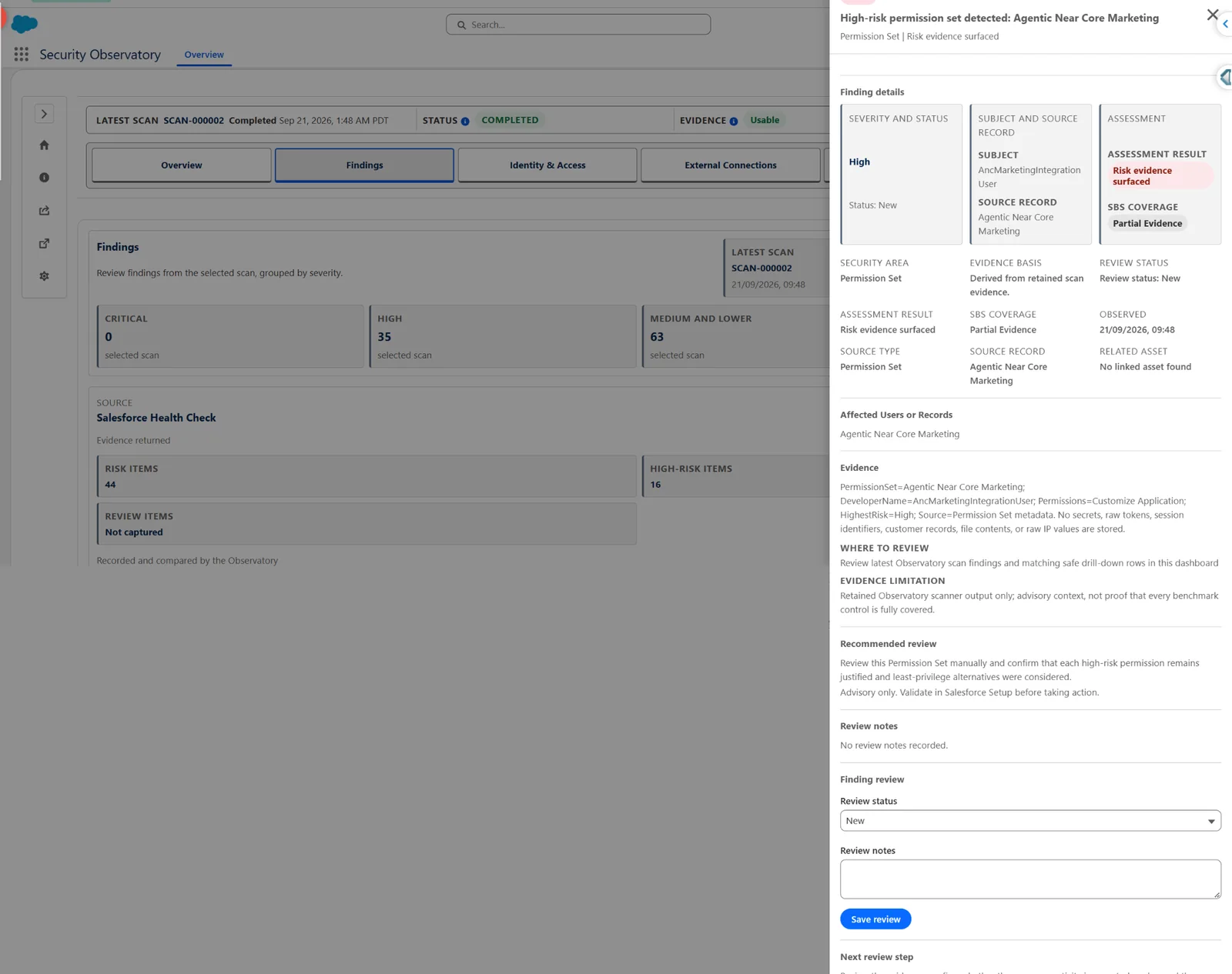 Security Observatory finding review showing severity, source context, evidence basis, limitations and manual review fields.