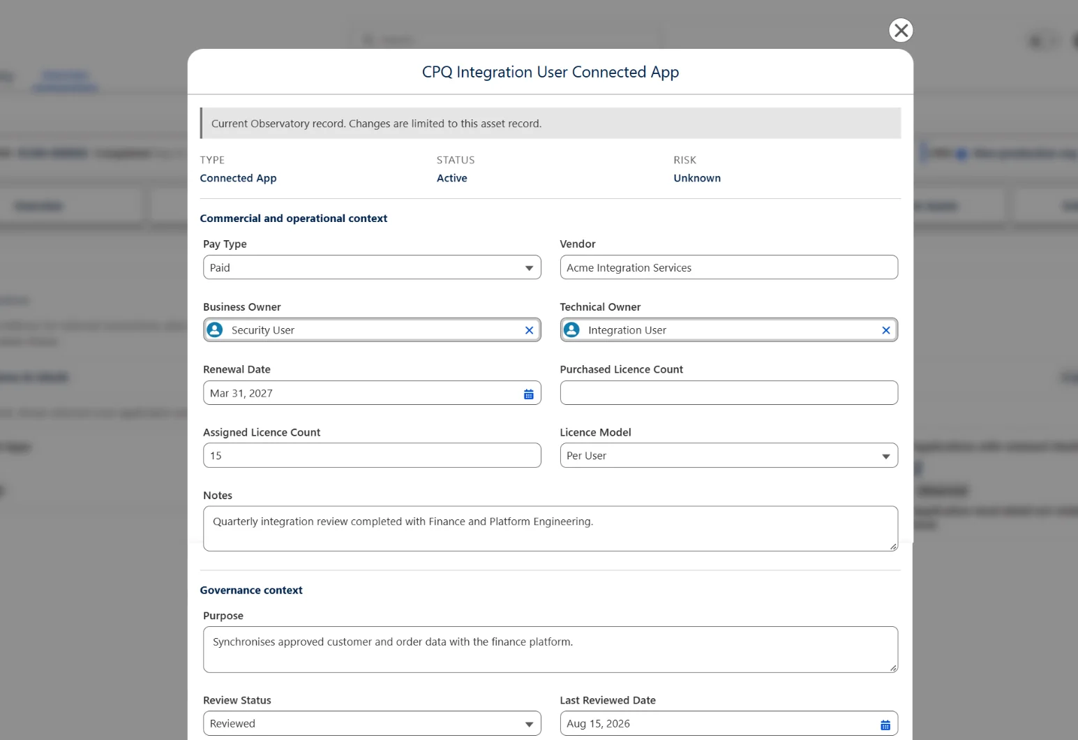 Security Observatory governance context for a Salesforce connected application, showing owners, vendor, purpose and review status.