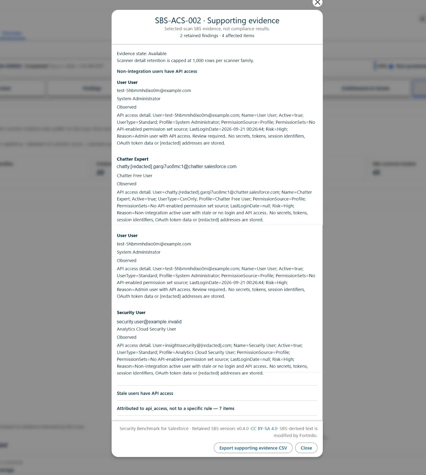 Security Observatory SBS supporting-evidence view with evidence state, retained items, limitations and attribution.